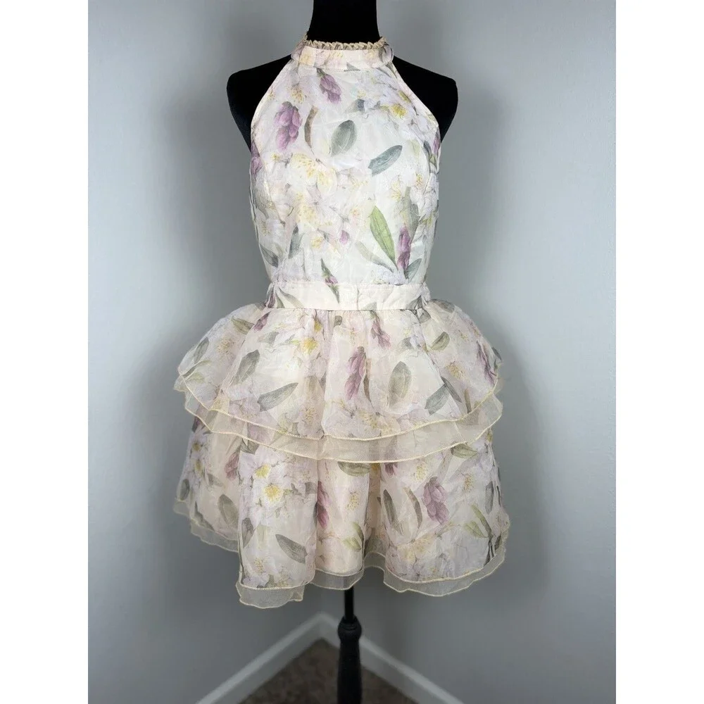 Arose Studio Danna Floral Print Halter Mini Dress Tiered Ruffle Size Large - Picture 3 of 16